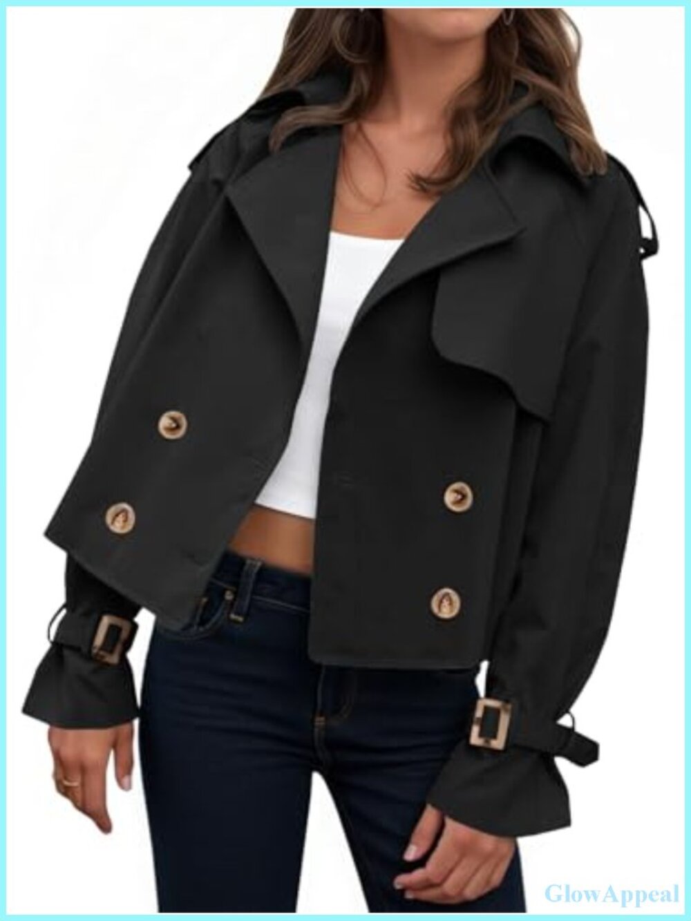 Oversized Cropped Double Breasted Trench Coat Long Sleeve Polyester Women's